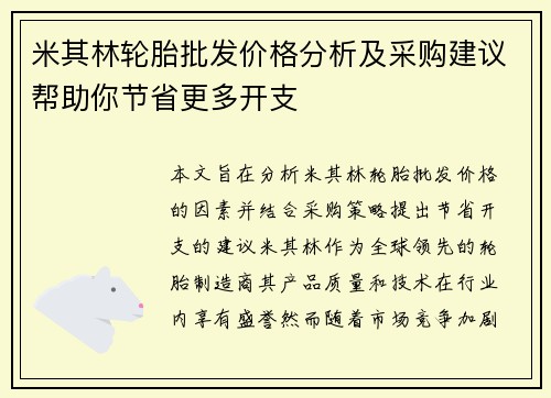 米其林轮胎批发价格分析及采购建议帮助你节省更多开支